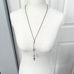 Iridescent rhinestone studded bauble y-drop dangle cross pendant charm necklace